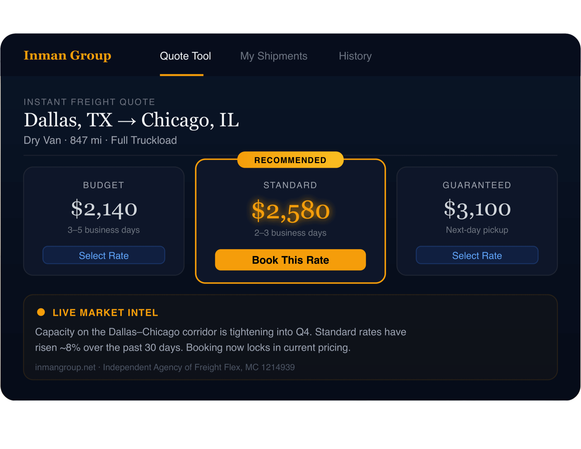 Quote tool showing rates for Dallas to Chicago